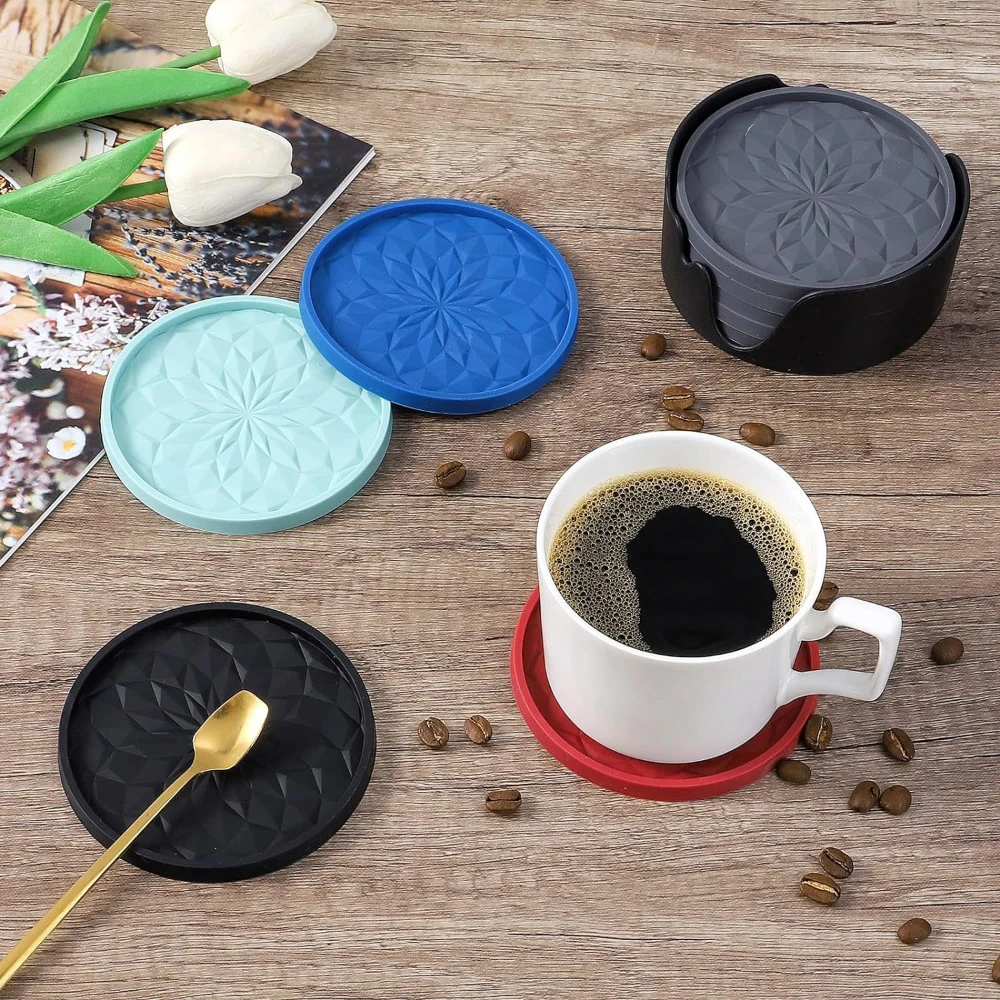 6 Coasters+ 1 Base Decor Bar Coasters for Home Office New Tabletop Protection Hot Cold Cup Mat Silicone Drink Coasters Sets