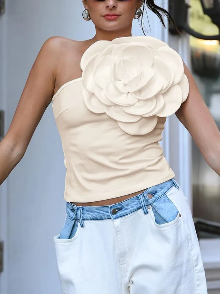 

TWOTWINSTYLE Solid Patchwork Appliques Designer Tank For Women One Shoulder Sleeveless Slimming Vest Female Fashion New Style