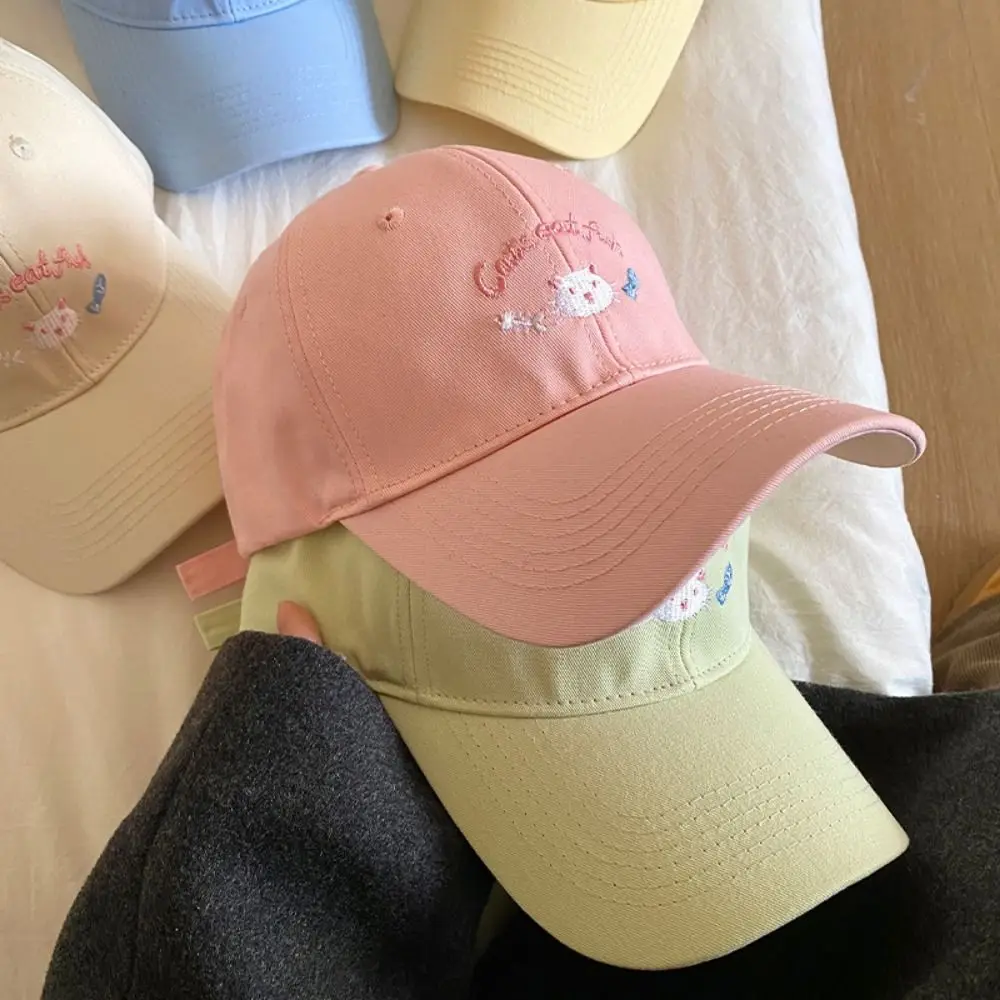 Apparel Accessories Embroidery Cat Cartoon Baseball Cap Casual Soft Sunshade Hat Japanese Style Cotton Peaked Cap Sports