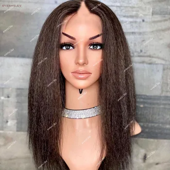 Chestnut Dark Brown Kinky Straight V Part Wig 100% Human Hair Unprocessed Ombre Auburn Blonde Yaki Straight U Shape Full End Wig
