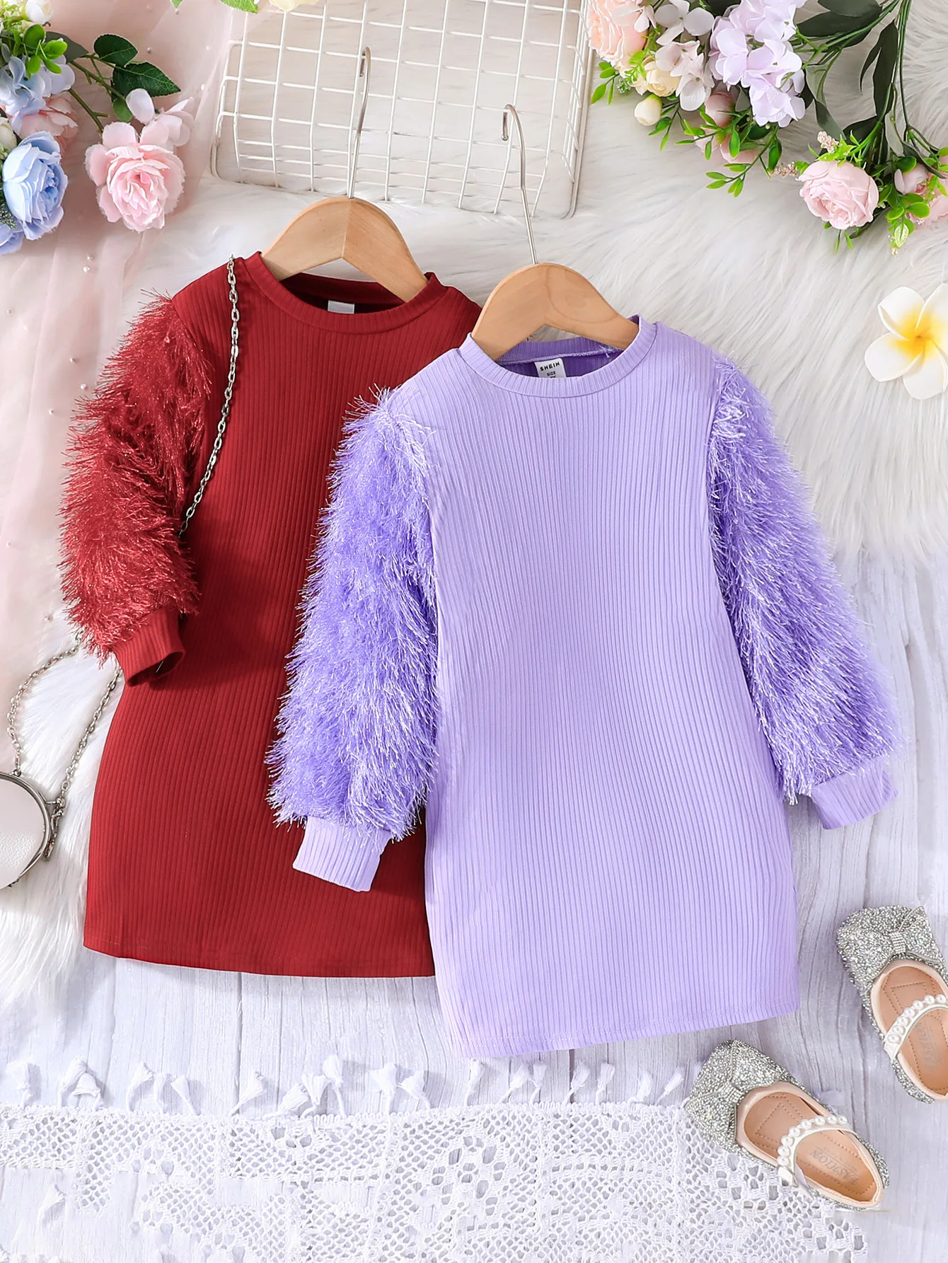 

2023 Winter New Girls Dress Long Sleeve O Neck Feather Purple Cute Designer Girls Princess Dress Vestido 0-3T