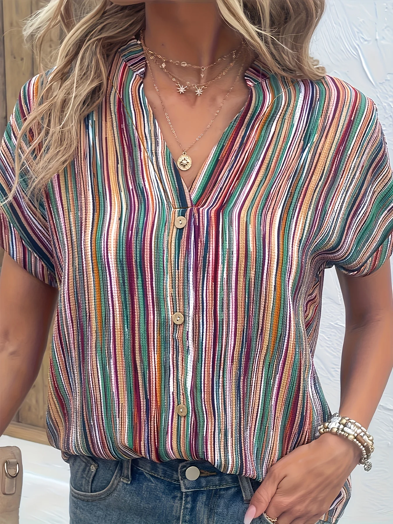 Plus Size Striped Print Blouse, Casual Round Collar Half Sleeve Blouse For Spring, Women's Plus Size Clothing
