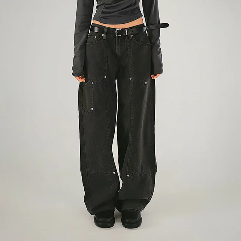 Button Segmentation Retro Baggy Jeans for Women 2024 Fashion Grunge Aesthetic Denim Pants Streetwear Gothic Style Trousers