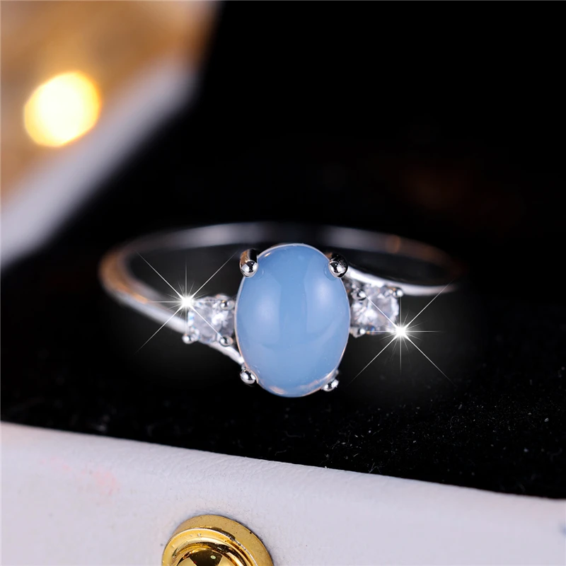 Boho Female Oval Opal Stone Engagement Ring Vintage Silver Color Summer Wedding Jewelry For Women