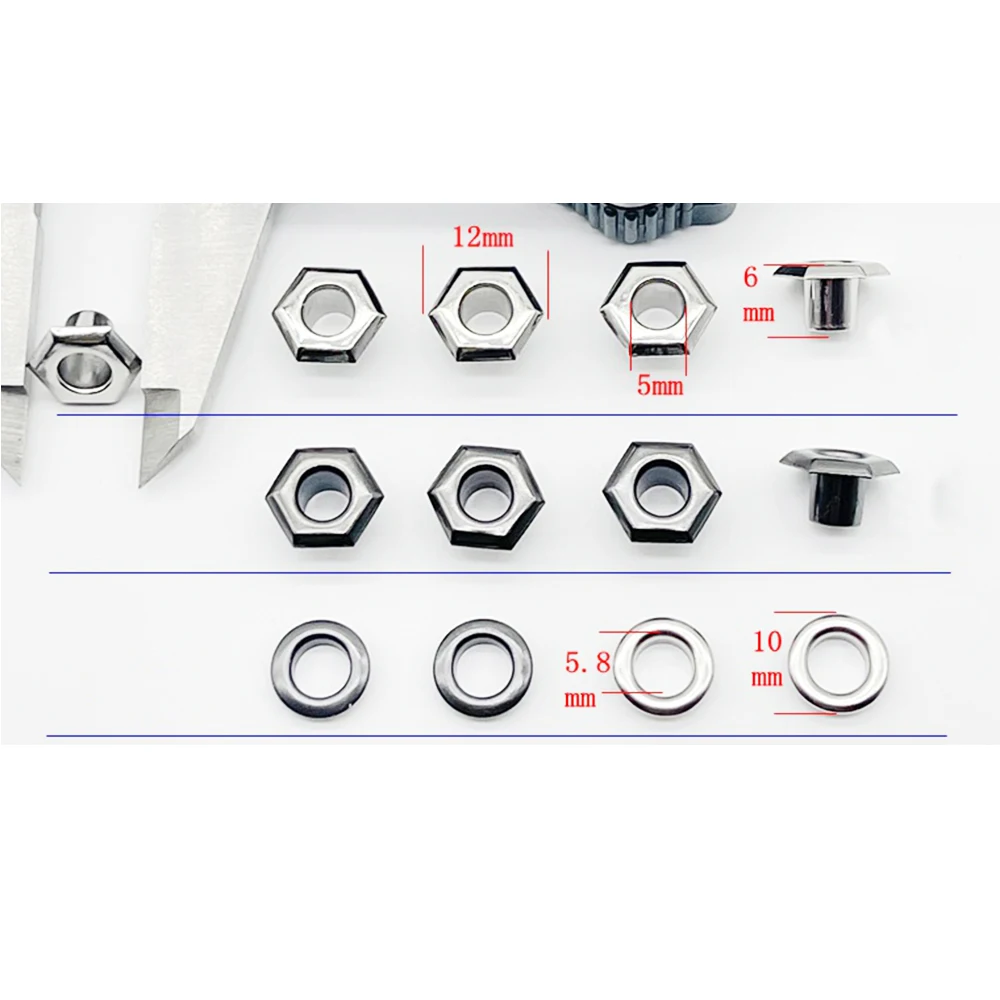 200sets/lot 6x Hexagon Brass Metal Grommets + Round Washer Eyelets Silver Nickle/Black Inner Hole 3.5/5mm Leather Craft freeship