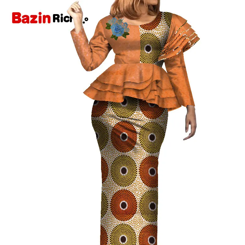 Fashion Patchwork Long Sleeve  Dashiki Skirt Suit African Bazin Fabric Plus Size Women Skirt Set WY7905 african couple outfits Africa Clothing