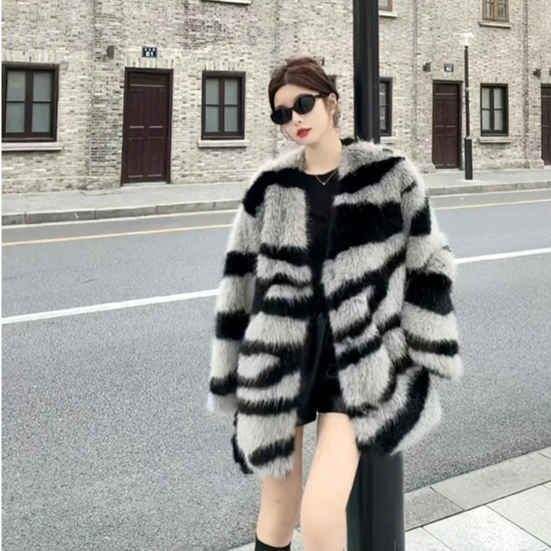 Winter Vintage Thick Warm Faux Fur Coat Women Fluffy Jacket Zebra Print Fur Coat Plus Size Korean Fashion Cardigan Outerwear Top
