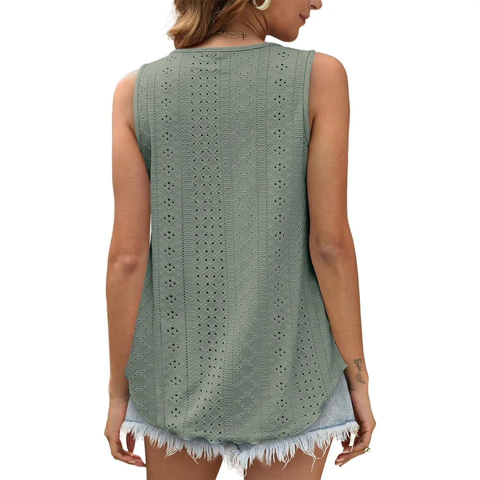 Camiseta Sin Mangas Para Mujer, Con Ojales, Bordado, Cuello Redondo, Tirantes Con Botones, Color Liso, Holgada, Casual, Para Verano, Rosado