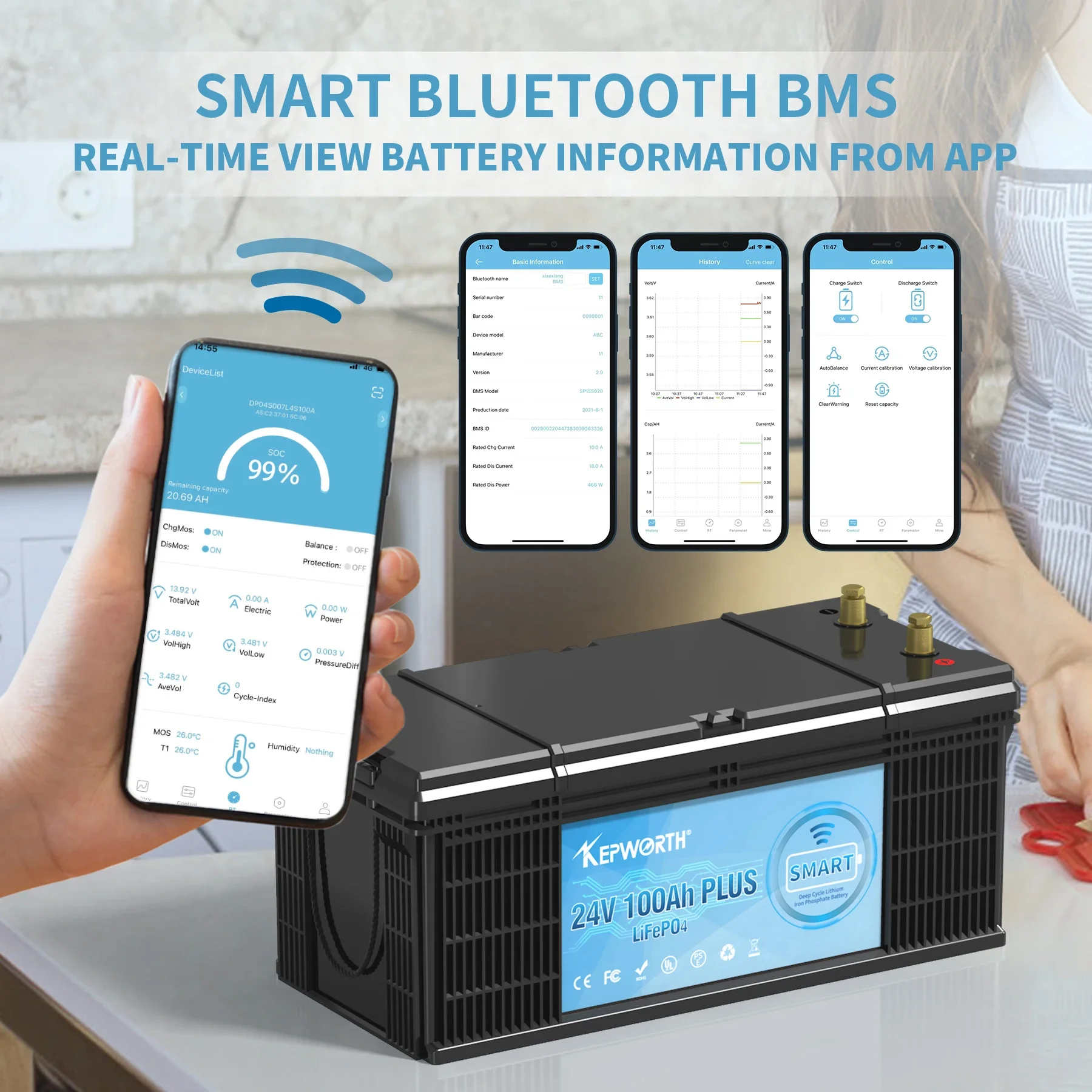 24V 100Ah LiFePO4 Battery with Built-in Bluetooth BMS for RV Campers Golf Cart Off-Road 6000 Cycles Long Life Power Battery