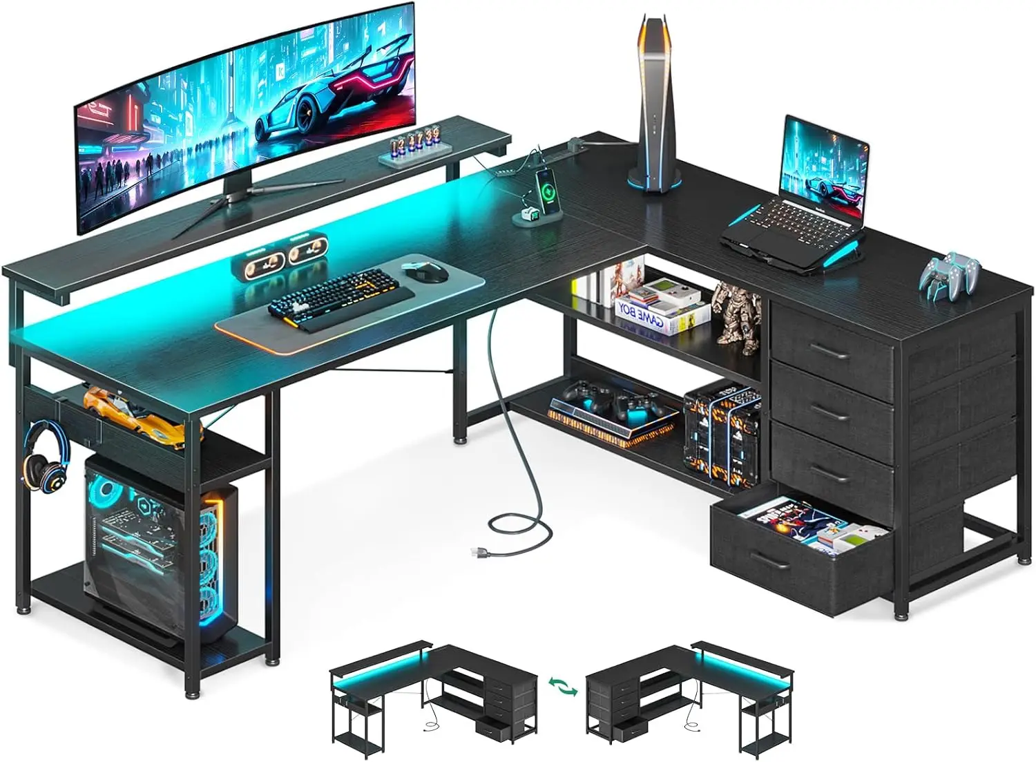 61" L Shaped Desk with Drawer, Computer Desk with Power Outlets & LED Lights, Reversible Corner Gaming Desk for Home Office 2