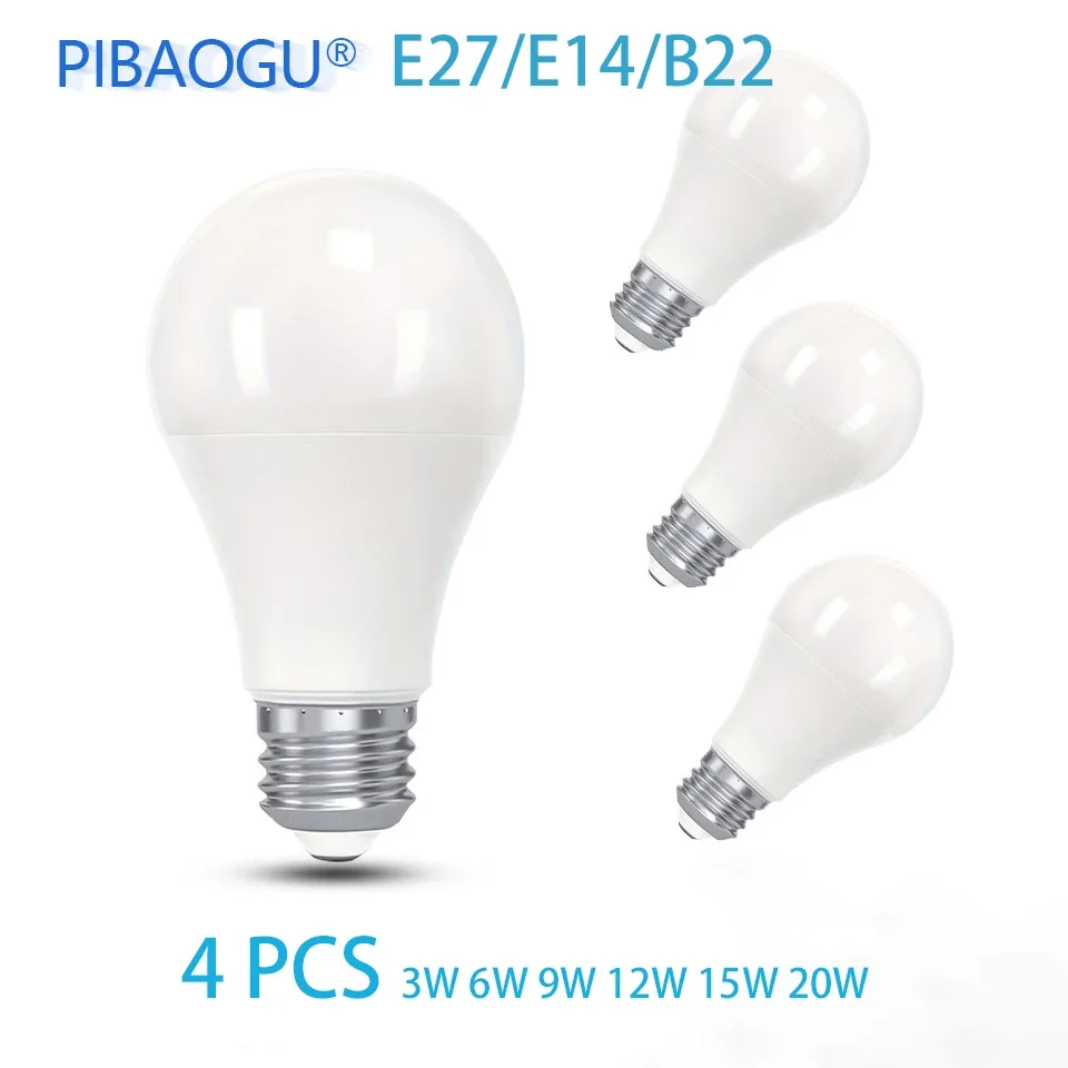 LED 전구 에너지 절약 LED 전구, 표준 베이스 조명, E27, E14, B22, 220V, 3W, 6W, 9W, 12W, 15W, 20W, 4 개