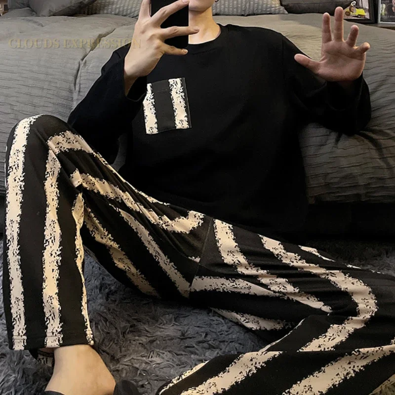 Spring Autumn Knitted Pjs Full-length Men's Pajama Sets Male Pajamas Plaid Loungewear For Masculine Sleepwear Home PJ Clothing