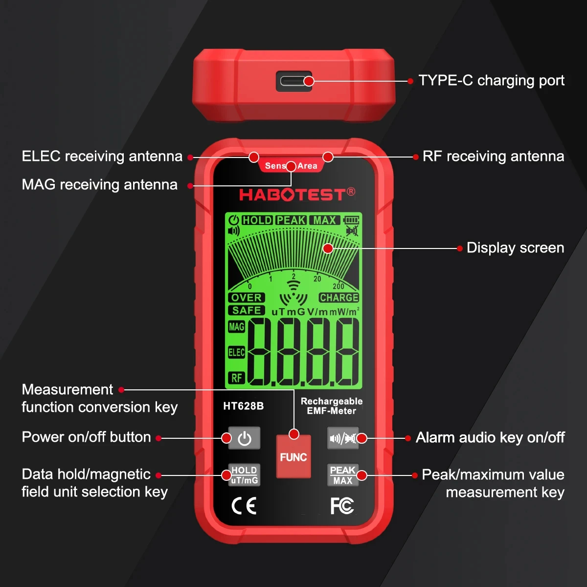 HABOTEST HT628 EMF Meter Electromagnetic Radiation Tester Electric Field Magnetic Field RF Radiation Radio Frequency Detector radiation detector,emf meter tester