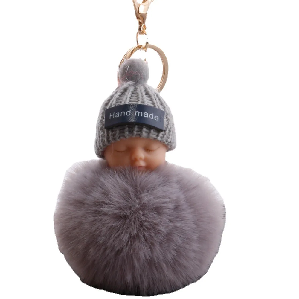 

Fashion Colorful Sleeping Baby Doll Hanging Piece Hair Ball Pendant Cute Fluffy Pompom Chain Cotton Wool Bag Ball Souvenir