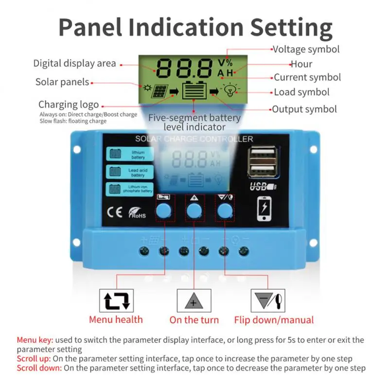 Controlador Solar de 10A a 60A, controlador de descarga de carga de batería de plomo-ácido de litio adaptable de 12V 24V, salida USB, pantalla LED + LCD