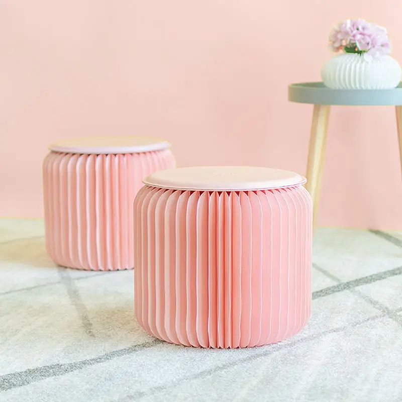 

Sakura Pink Folding Paper Stool Organ Bench Creative Space Saving Furniture Vanity Chair Portable and Waterproof Round Stool