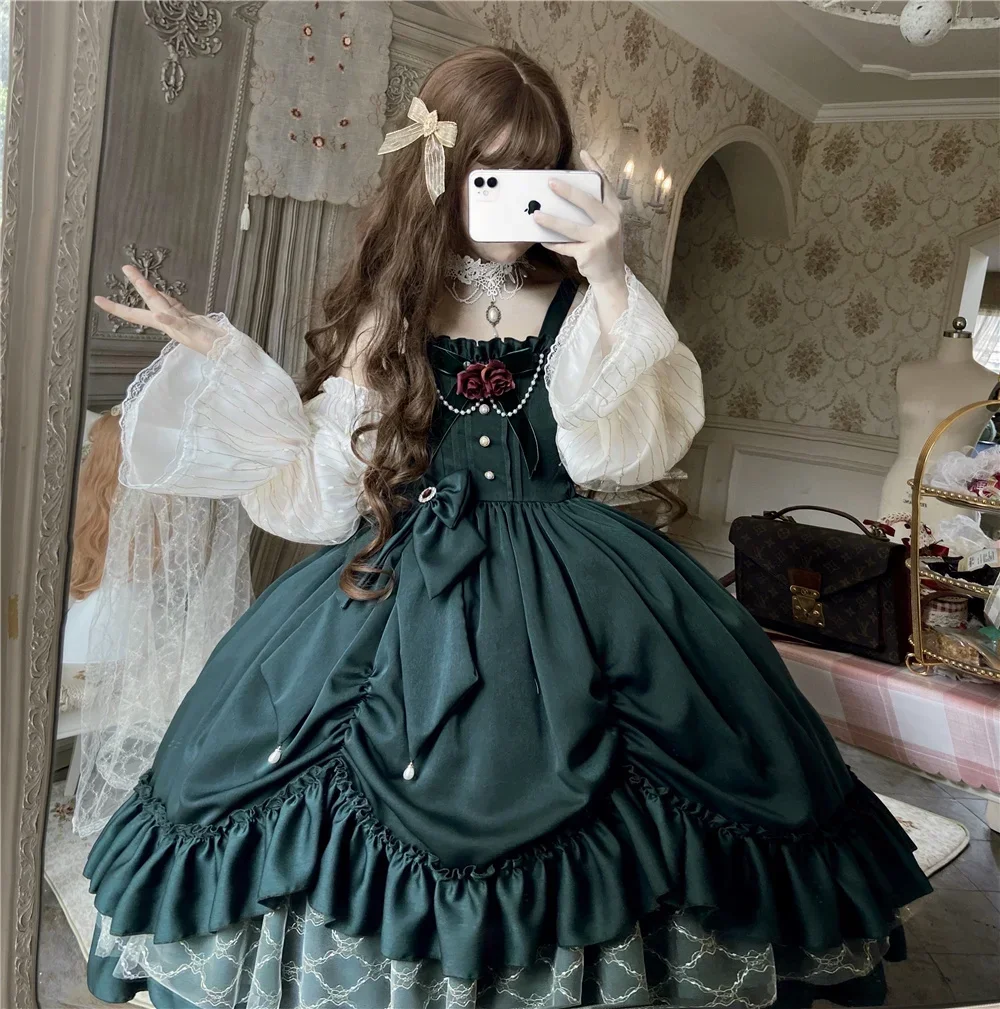 

Lolita Palace Retro Style Suspender Dress Long Dress Vintage Lace Bowknot High Waist Victorian Dress Kawaii Girl Cosplay Cos