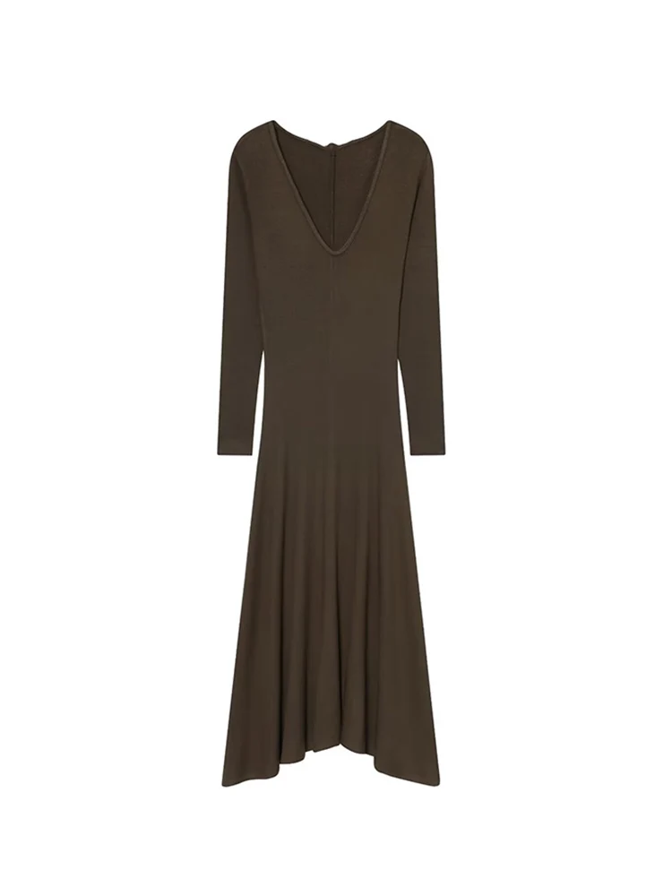 Elegant Women Solid Color Dress 2026 Spring Fall  V-Neck Long Sleeve Bodycon Long Maxi Dress Fashion Ladies Casual Dresses
