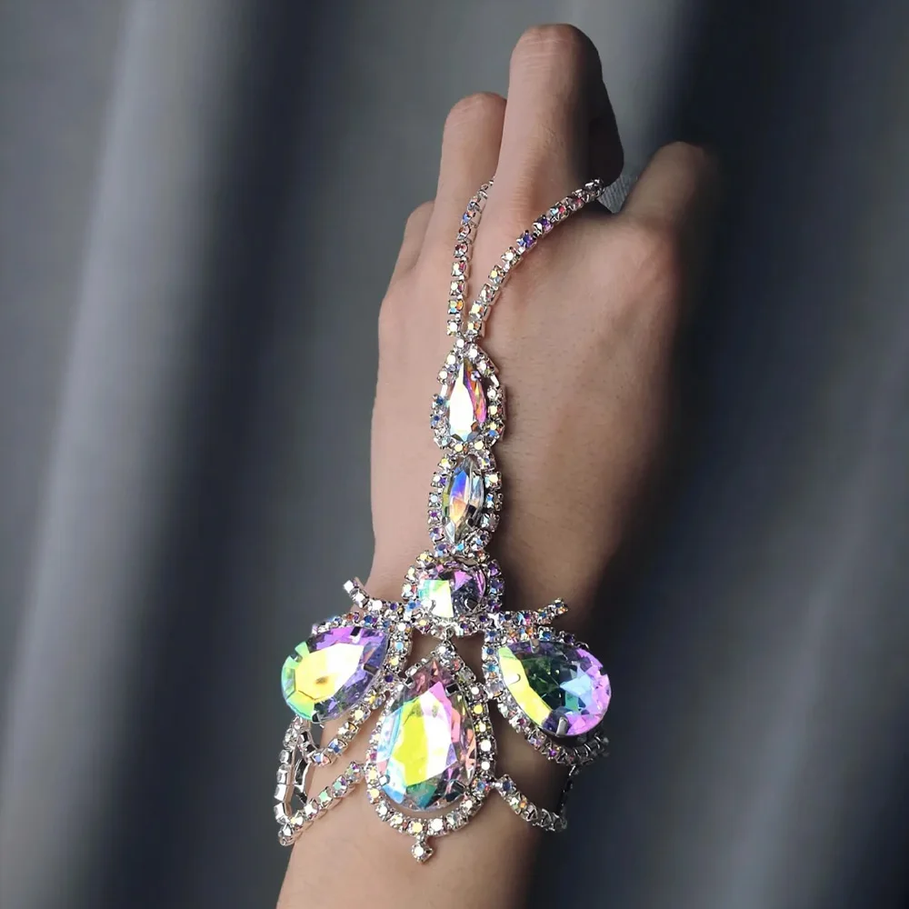Shiny AB Rhinestone Drop Finger Bracelet Chain for Women Oversize Accessories Exaggerated Belly Dance Crystal Head Jewelry crystal bracelet