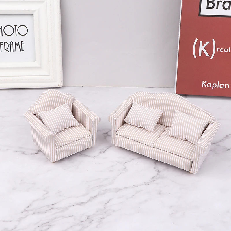Miniature Dollhouse Sofa with Pillow - Pretend Play Living Room Decor