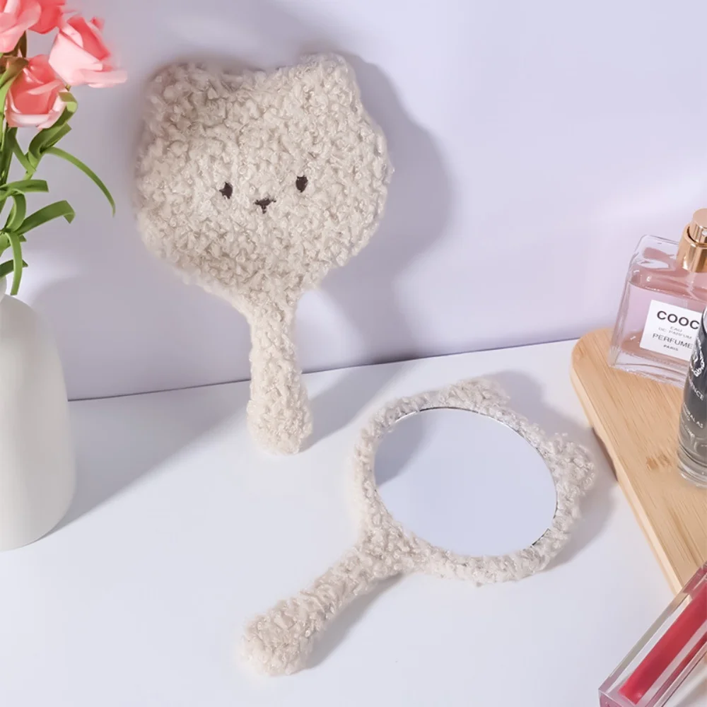 편안한 플러시 곰 손거울 라운드 데스크탑 화장 거울 휴대용 고화질 화장 거울 여성용