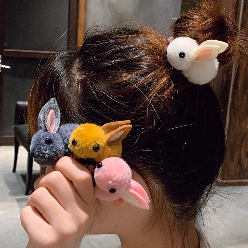 5pcs Children's Hair Clips Cute Rabbit Elastic Hair Rubber Bands Winter Plush Bunny Hairpins Girls Headband Accessories  & Gift