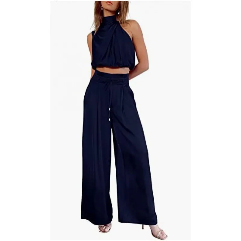 Women's Set 2023 Summer Casual Sleeveless Collar Open Navel Top Wide Leg Pants Set