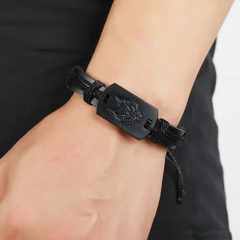 Hip Hop Rock Band Bracelet Steampunk Band Symbol Adjustable Wolf Head Charm Leather