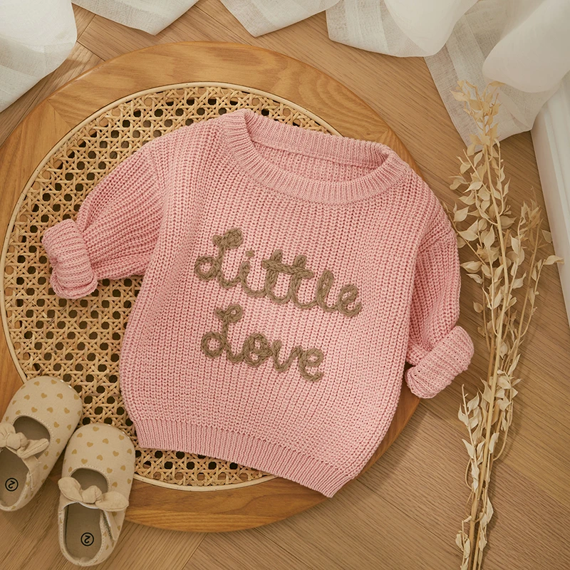 Autumn New Baby Boys Girls Knit Sweater Long Sleeve Crew Neck Letters Winter Warm Crochet Infant Pullover