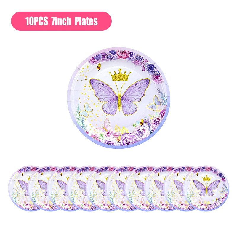 thumbnail image 1 of Decoración para fiesta de cumpleaños con mariposas moradas y rosas, vajilla con temática de mariposas, vasos de papel, platos, globos, suministros para fiestas para niñas, 1 of 5