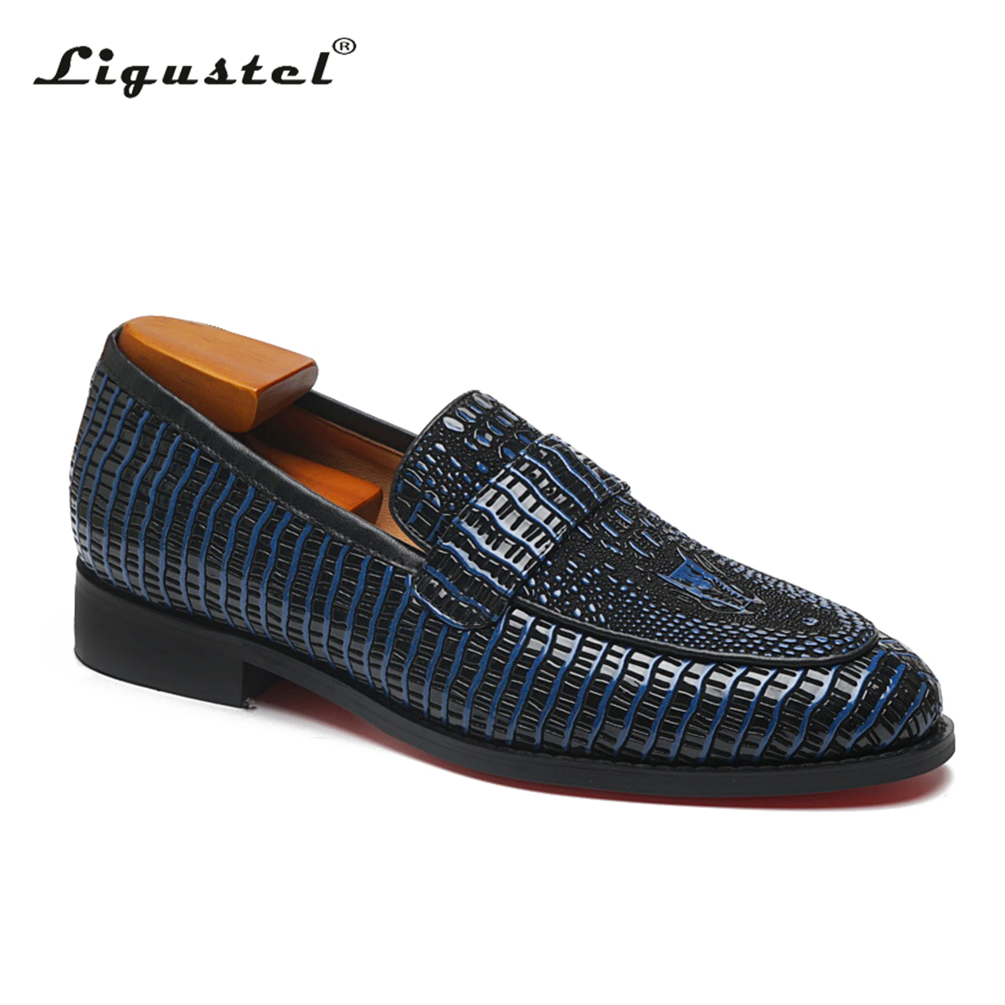 

Ligustel Men Designer Dress Shoes Male High Quality Cow Leather Handmade Daily Casual Loafers Red Bottom Blue Shoes Plus Size
