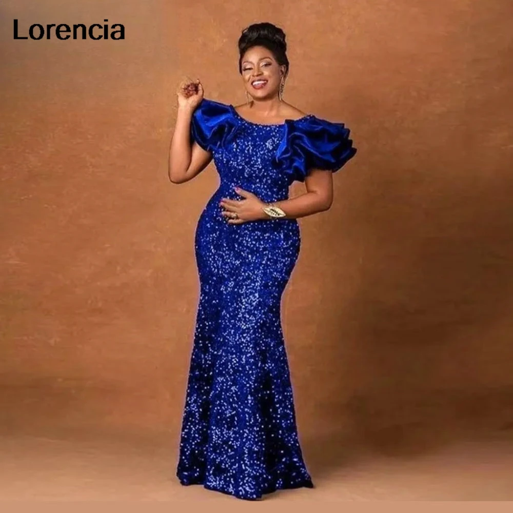 

Lorencia Sparkly Sequined Prom Gowns Women Africa 2024 Royal Blue Evening Dress Ruffles Sleeve Formal Party Robe De Soiree YED15
