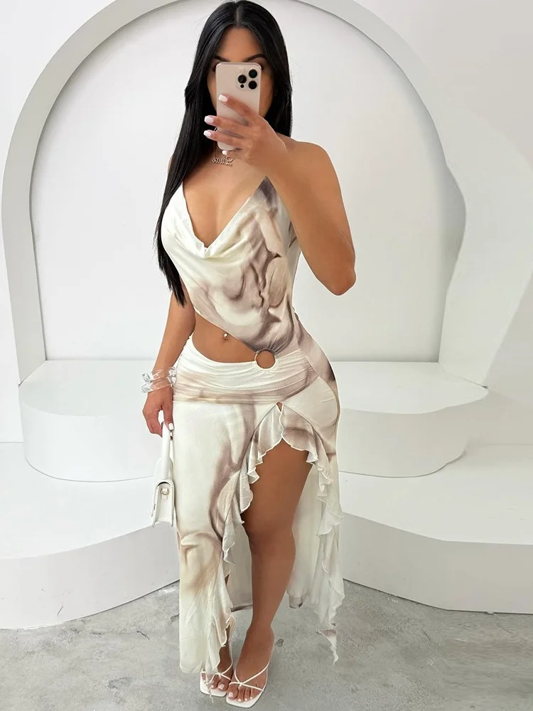 Wmstar Dresses Women Wholesale Spring and Summer Off Shoulder V Neck Hollow Out Waisted Printed Irregular Party Long Dress