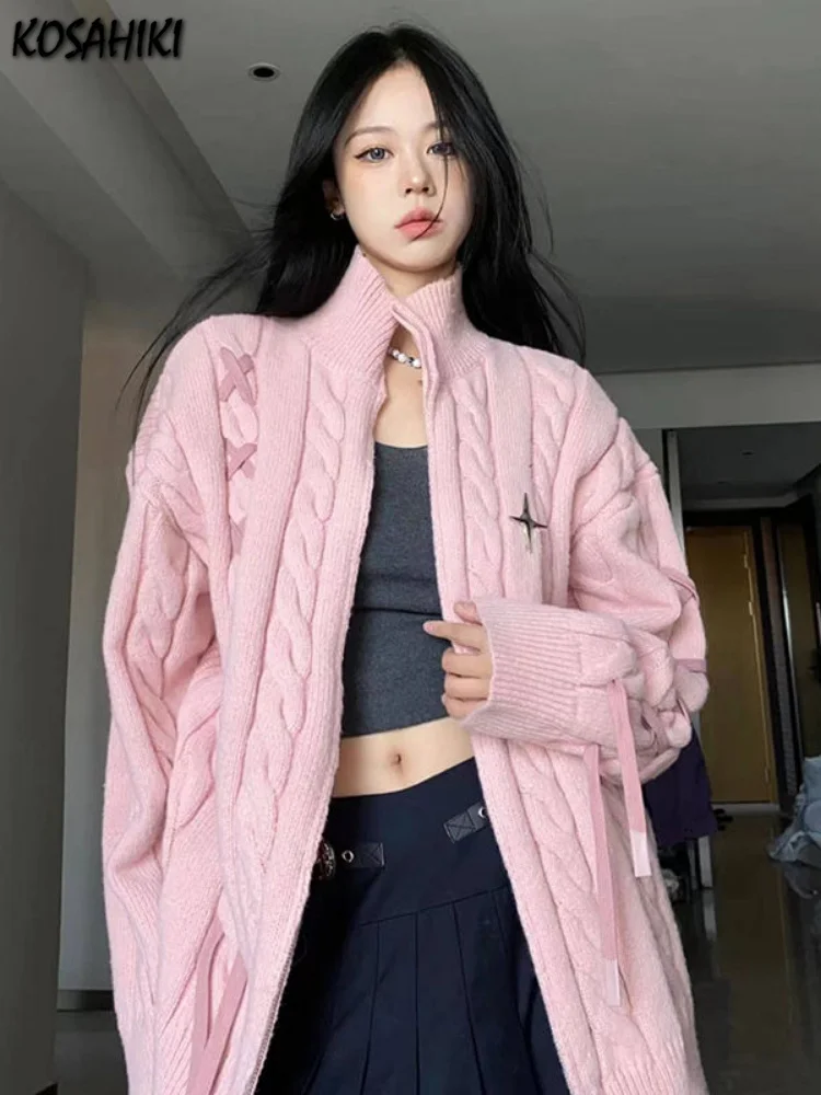 

Harajuku Pink Cardigan Women Korean Fashion Bandage Knitted Sweater Jackets y2k Aesthetic Streetwear Zip Up Coats