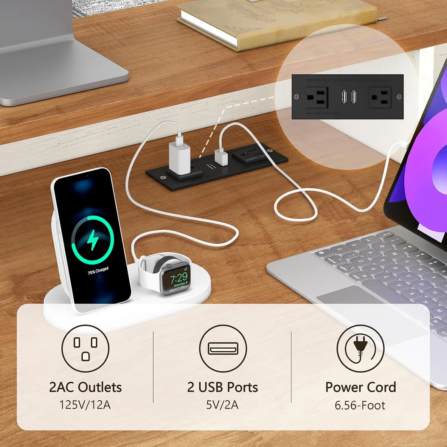 Farmhouse Computer Desk with Drawers, 65'' Home Office Desk with Power Outlets, Storage Cabinet and Printer Stand