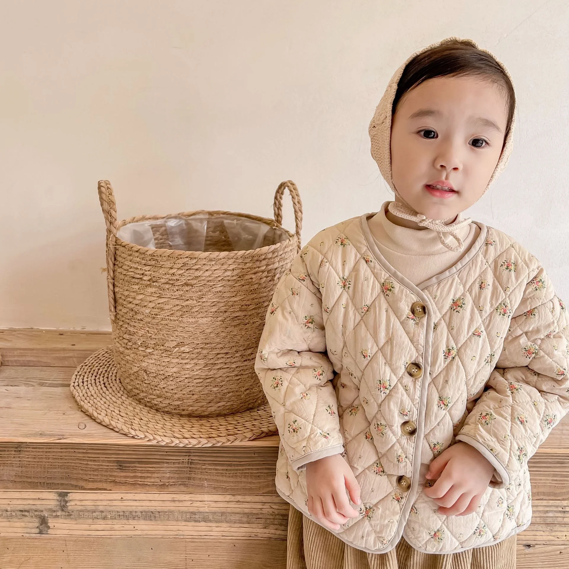 2024 여아용 코튼 패딩 재킷, 플라워 싱글 브레스트 가디건, 아동복, 한국 버전, 가을 및 겨울 코트