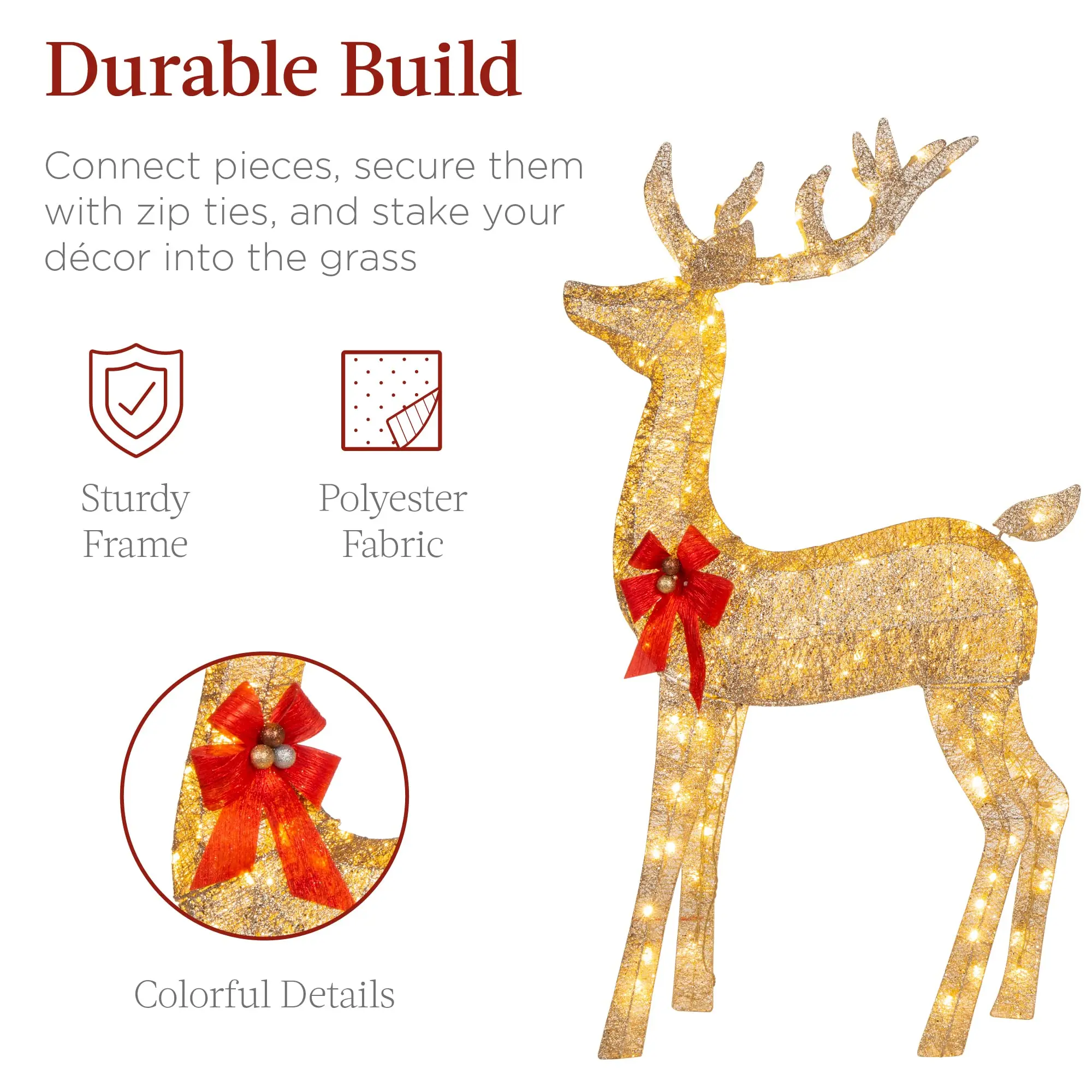 3-Piece Large Lighted Christmas Deer Family Set 5Ft Outdoor Yard Decoration with 360 LED Lights, Stakes, Zip Ties-Gold