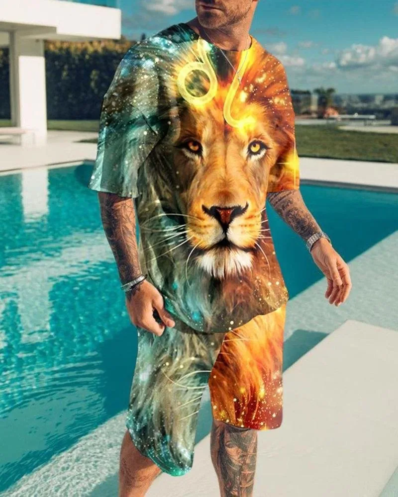 

Lion Summer Men's 3D Print Men's T-shirt Suit Casual Sportswear Streetwear Male Clothing Tracksuit Outfit Shorts 2 Pieces