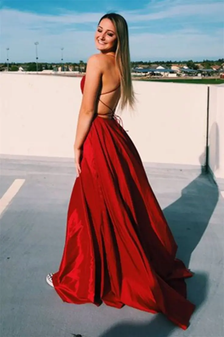 Burgundy Satin Maxi Flared Dress with High Slit Sexy Prom Dresses Blackless A Line Evening Party Gowns For Wedding Party