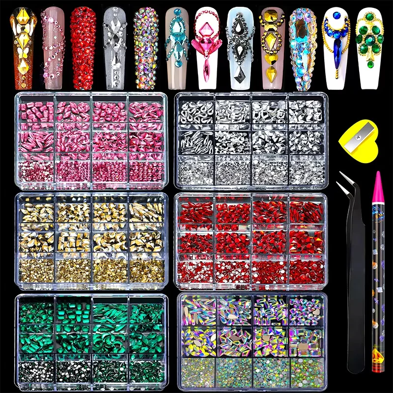12 Grids White Clear different shaped Crystal Sleek Rhinestone 3D Manicure Nail Art Decoration Charms Jewelry sp0577 3
