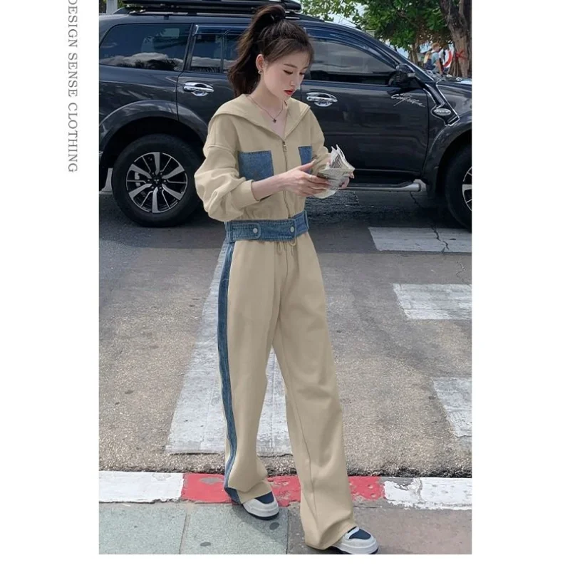 Leisure Sports Suit Women's Spring/Autumn New Fashion Color Contrast Cardigan Hoodie High Waist Wide Leg Pants Two Piece Set