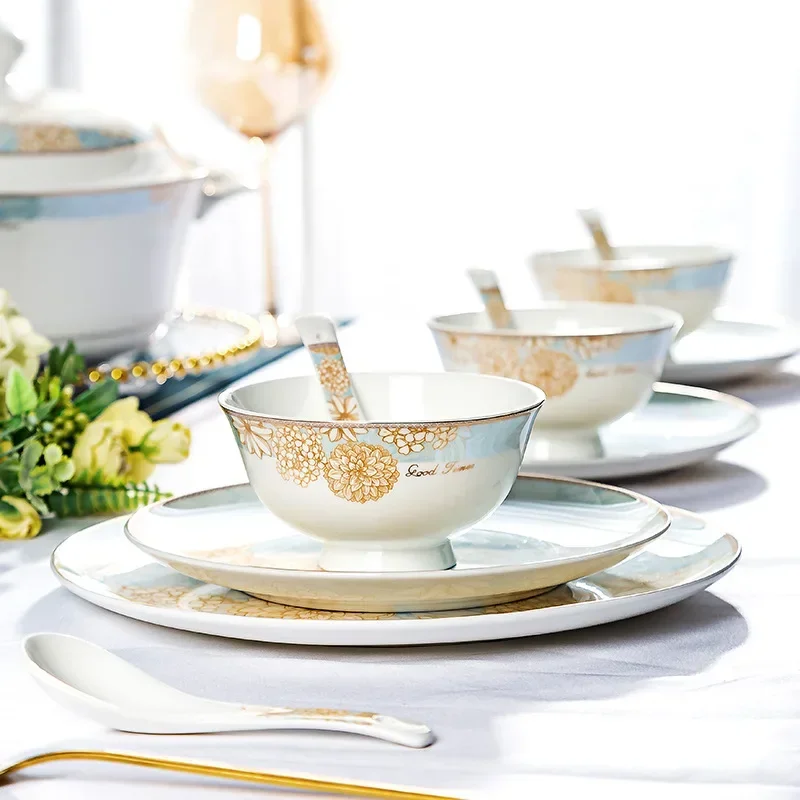 Bone china tableware set, full set of tableware and chopsticks combination for household use