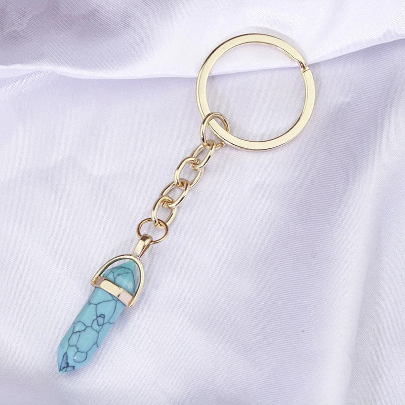 20pcs Natural Stone Hexagon Prism Crystal Quartzs Keychain Women Men Handbag Hangle Car Key Holder KeyRing Jewelry