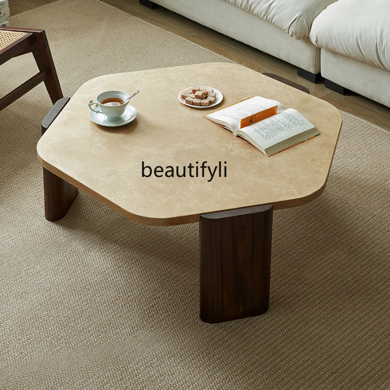 

Nordic Creative White Wax Low Table Solid Wood Cave Stone Tea Table Marble Italian Style Light Luxury Living Room Home