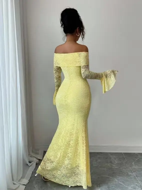 فستان أصفر دانتيل أوف شولدر بتصميم أنثوي