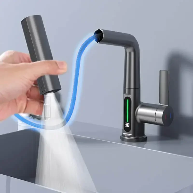 Waterfall Temperature Digital Display Basin Faucet Lift Up Down Stream Sprayer Hot Cold Water Sink Mixer Wash Tap Bathroom