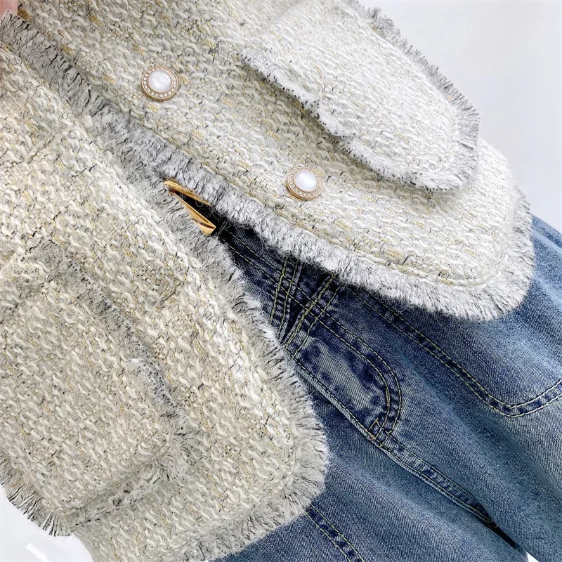 Light Blue Elegant Fashion Coat Women's Autumn Winter New Wool Tassel O Neck Korea Chic Sweet Small Fragrance Tweed Jacket 1694