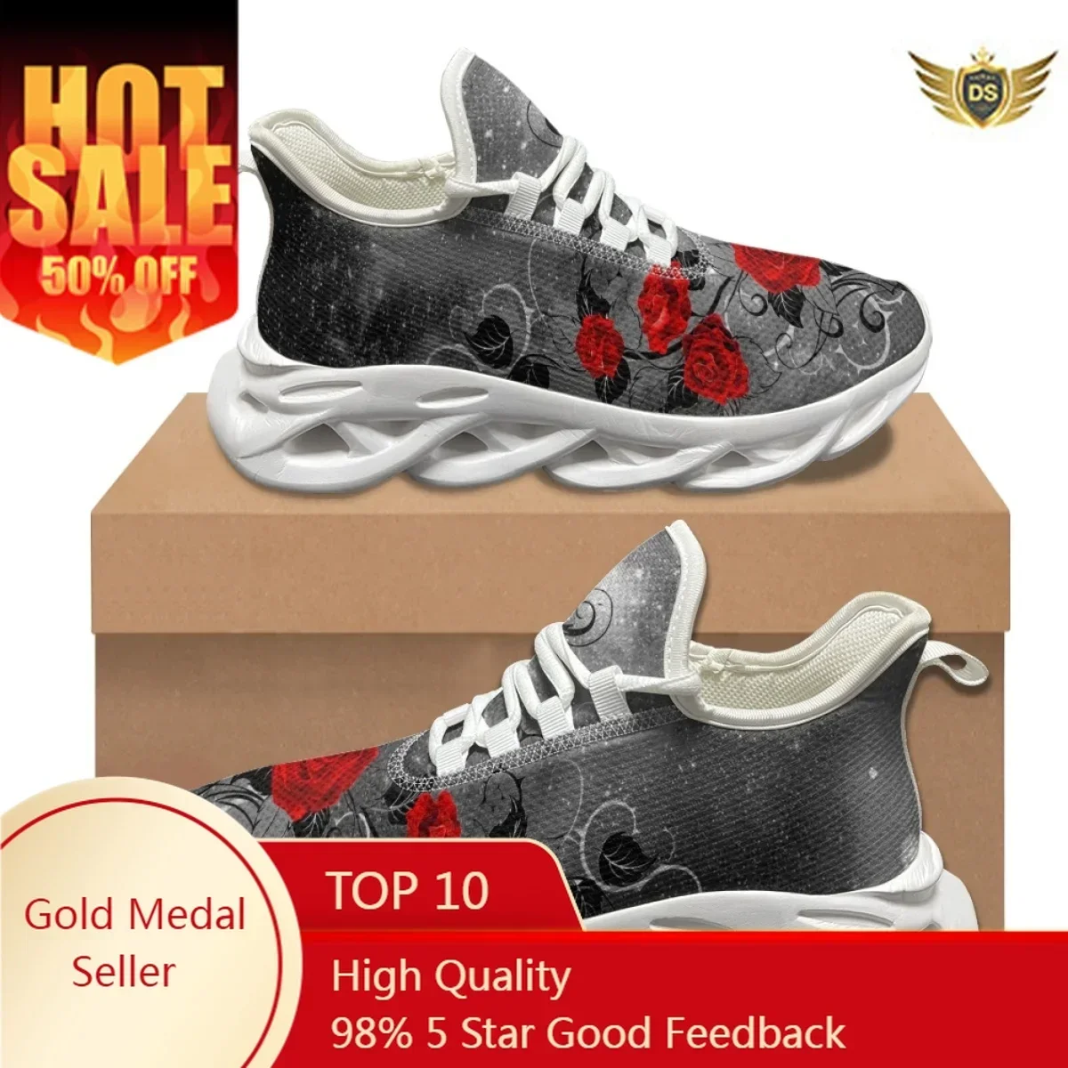 Valentine's Day Gift 3D Red Rose Design Ladies Sneakers Comfortable Shock Absorption Running Shoes Lightweight Flat Shoes