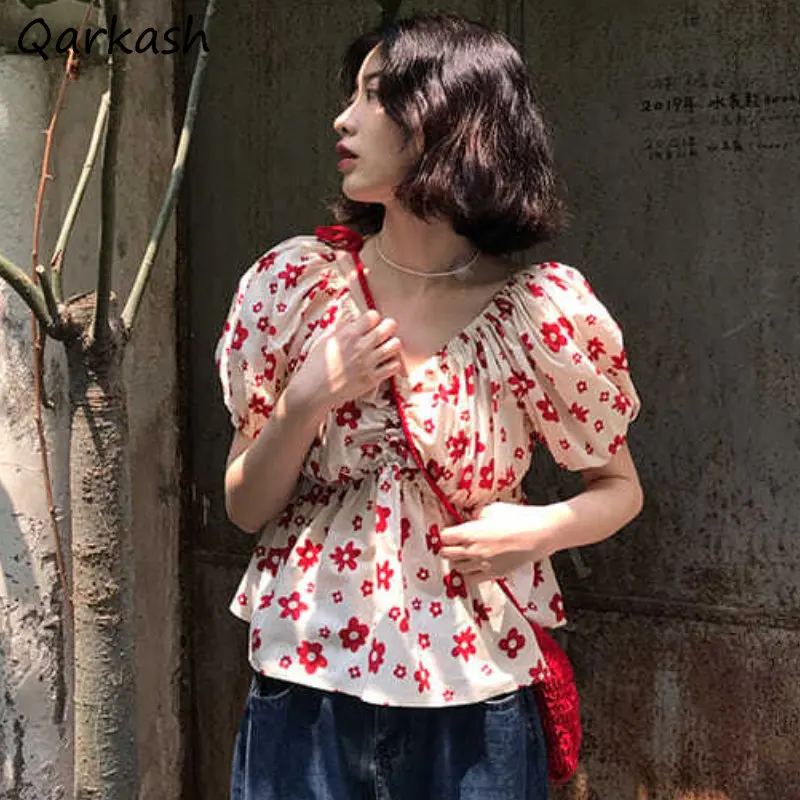 

Блузка женская с V-образным вырезом, летняя Милая универсальная рубашка с цветочным принтом, праздничный Повседневный Нежный базовый топ в французском стиле