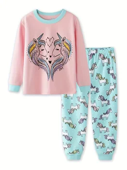 Young Girls Unicorn Cartoon Long Sleeved Pajamas Two Piece Set For Toddler Girl